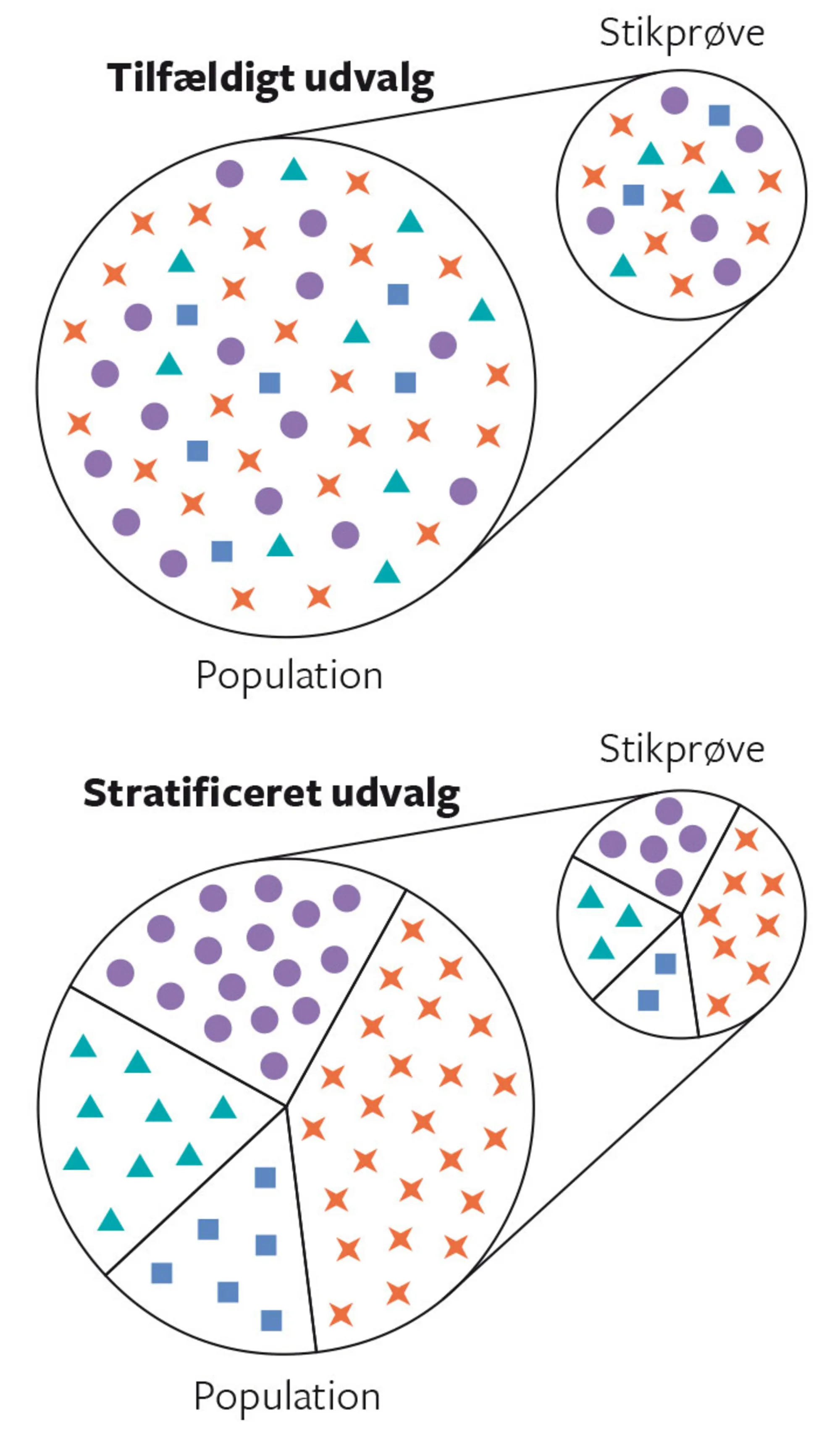 Figur 2.1. Stikprøve: Tilfældig og stratificeret udvælgelse
