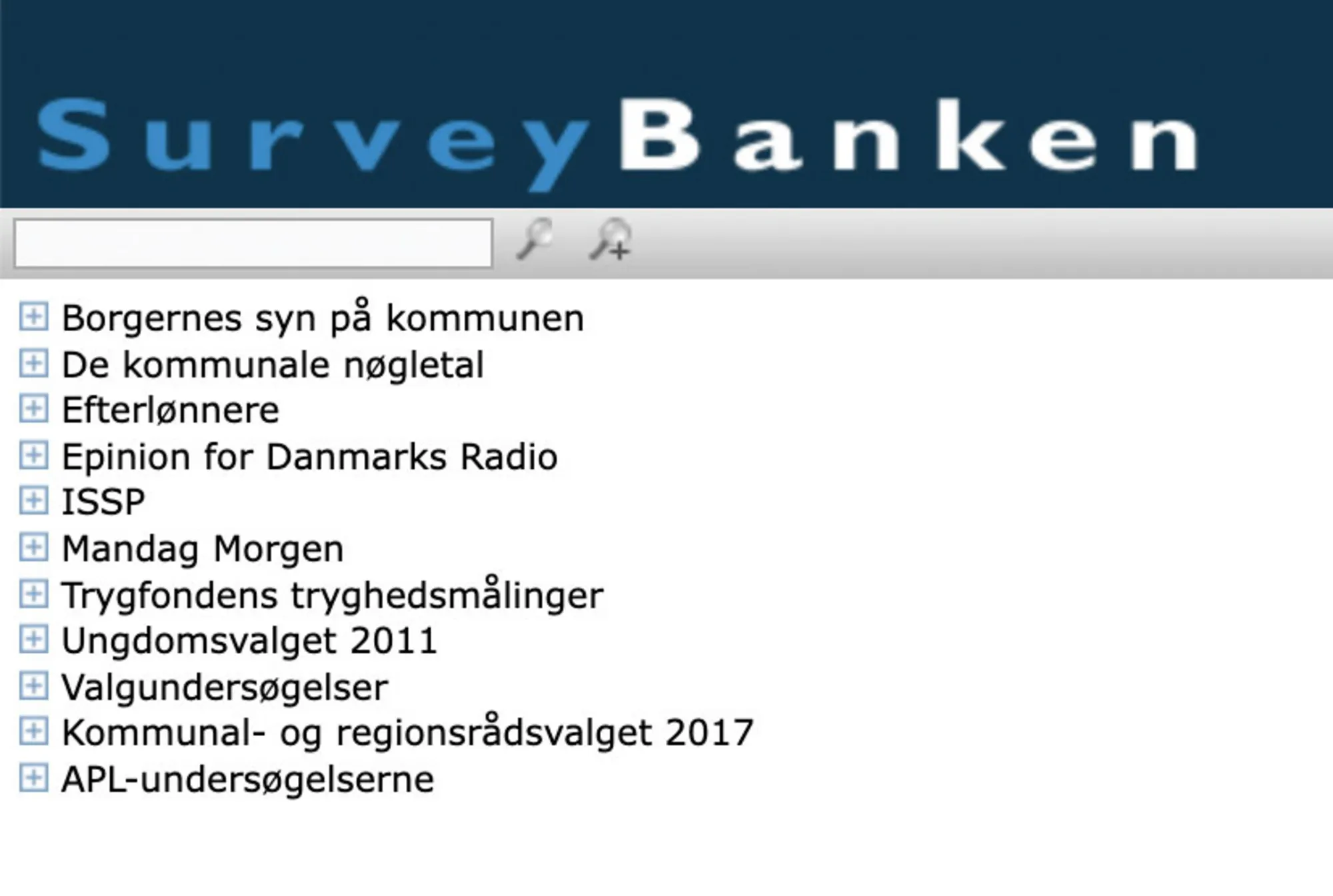 Figur 2.2. De forskellige undersøgelser, hvis resultater kan undersøges i Surveybanken