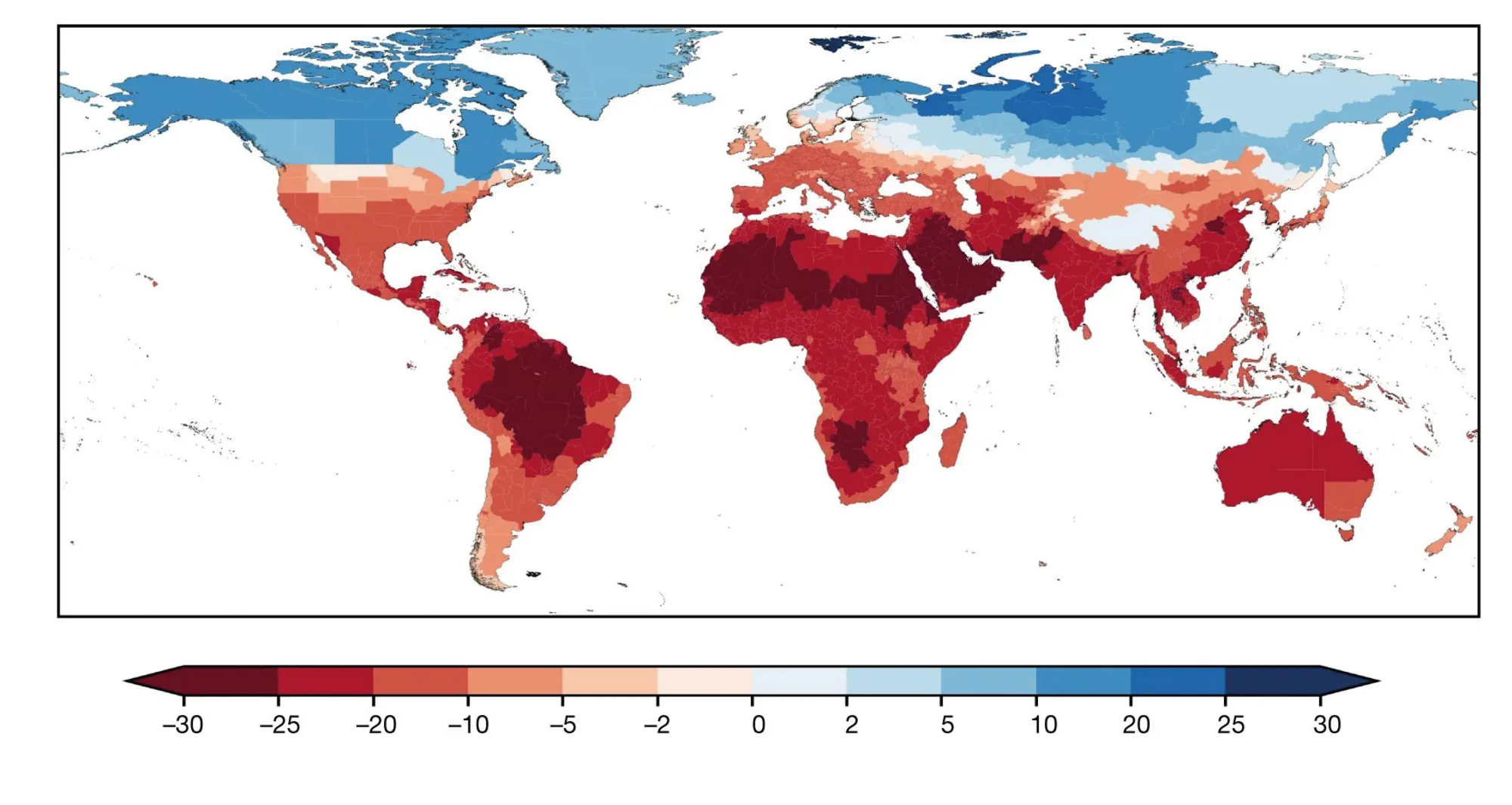 Figur 3.11: Stigning/fald i BNP på grund af klimaforandringer i år 2049