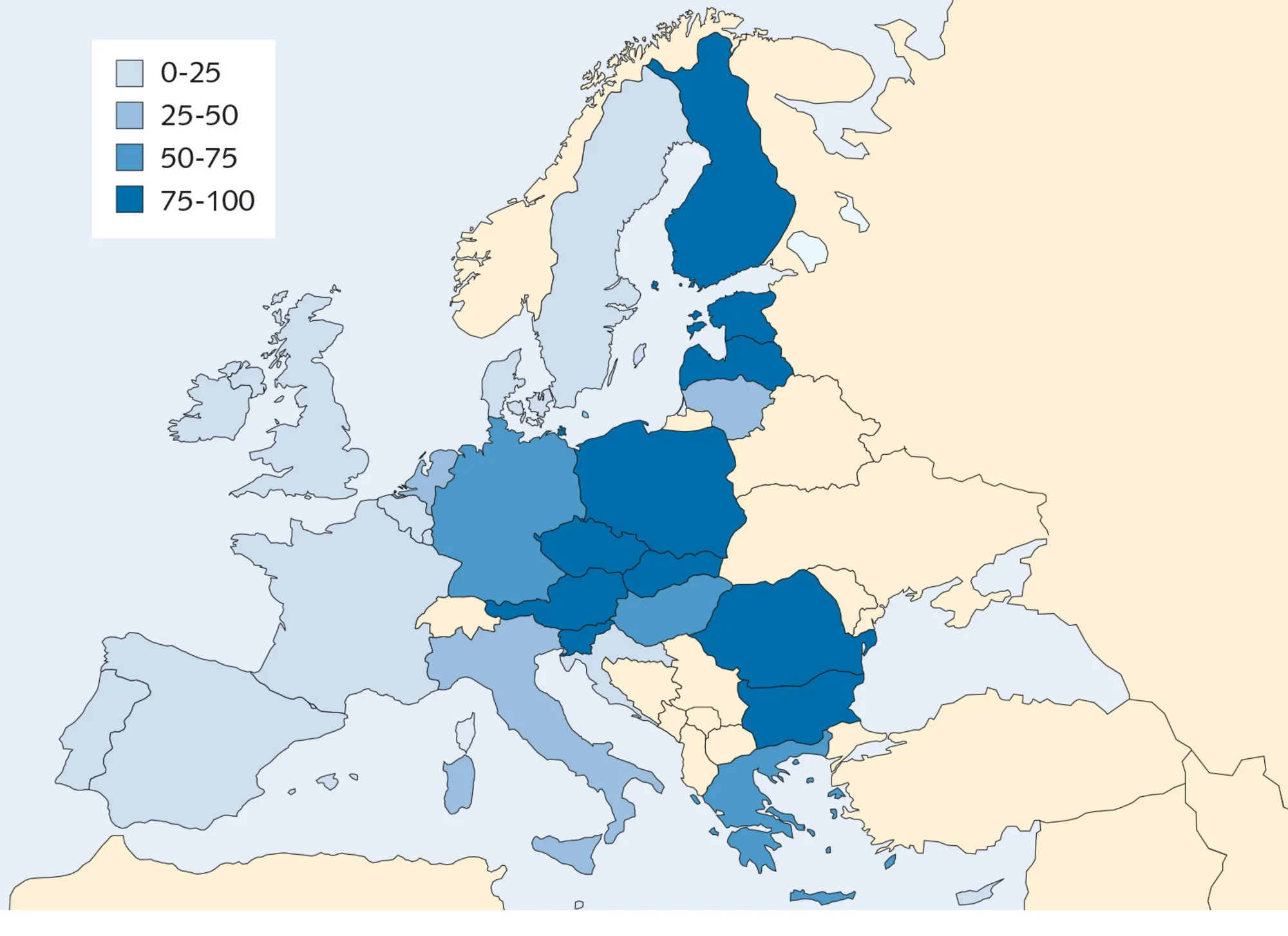 Figur 3.14 EU-landenes afhængighed af russisk gas i 2016. % af samlet gasimport