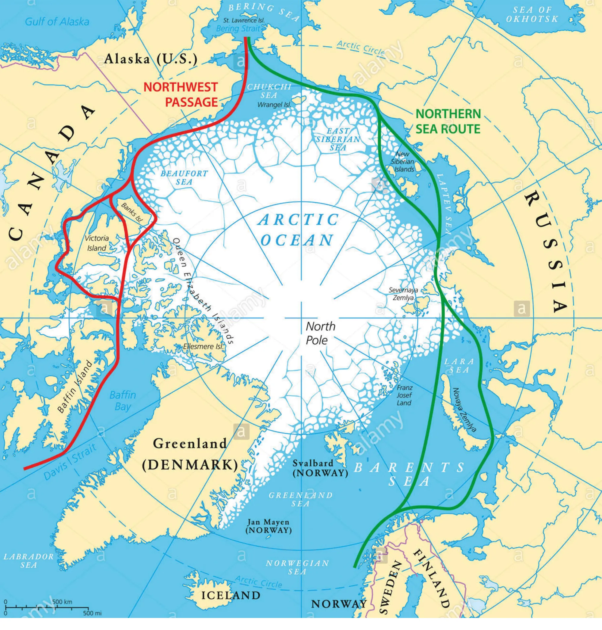 Figur 9.7 De vigtigste sejlruter i Det Arktiske Ocean